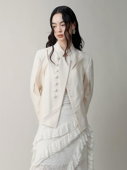 AnnoMundi Asymmetric Notch Collar Crackle Texture Blazer