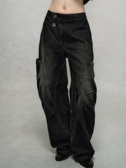 AnnoMundi Asymmetric Plaquet Cargo Wide Leg Jeans