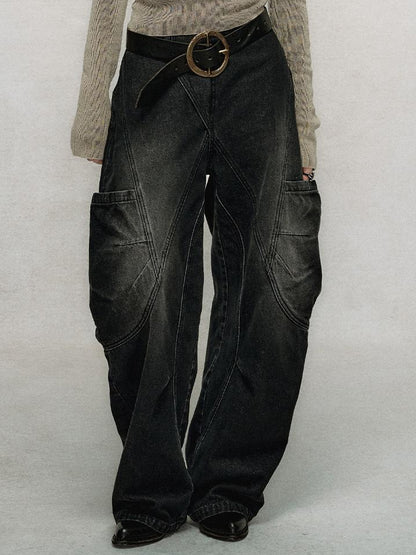 AnnoMundi Asymmetric Plaquet Cargo Wide Leg Jeans