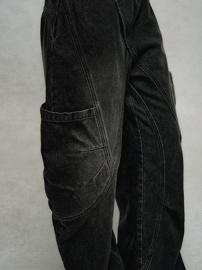 AnnoMundi Asymmetric Plaquet Cargo Wide Leg Jeans