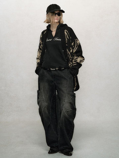 AnnoMundi Asymmetric Plaquet Cargo Wide Leg Jeans