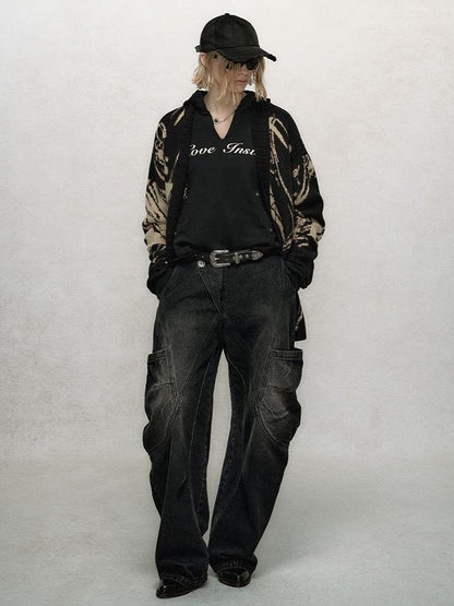 AnnoMundi Asymmetric Plaquet Cargo Wide Leg Jeans
