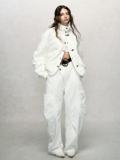AnnoMundi Asymmetric Plaquet Cargo Wide Leg Jeans