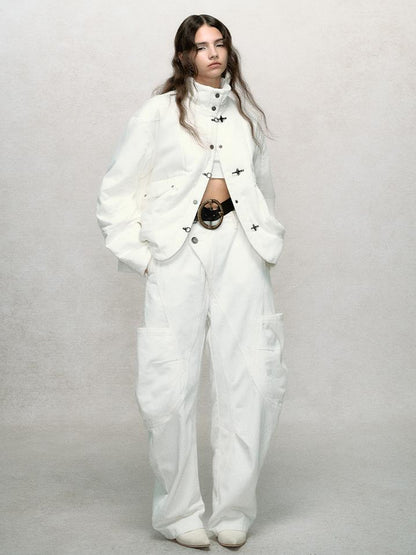 AnnoMundi Asymmetric Plaquet Cargo Wide Leg Jeans
