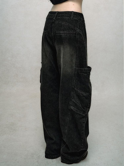 AnnoMundi Asymmetric Plaquet Cargo Wide Leg Jeans
