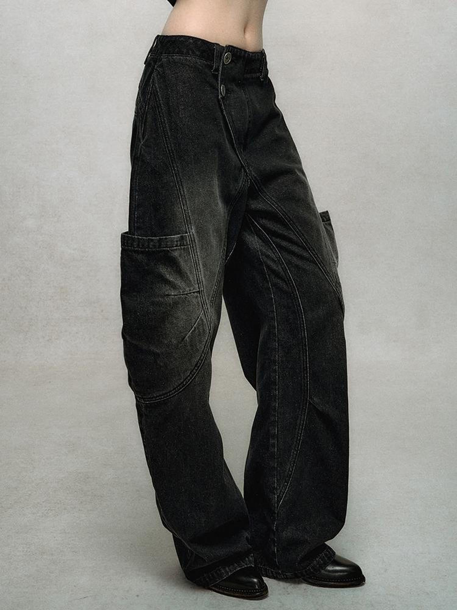 AnnoMundi Asymmetric Plaquet Cargo Wide Leg Jeans