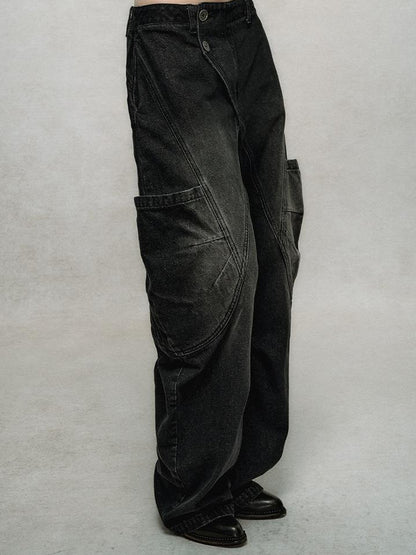 AnnoMundi Asymmetric Plaquet Cargo Wide Leg Jeans