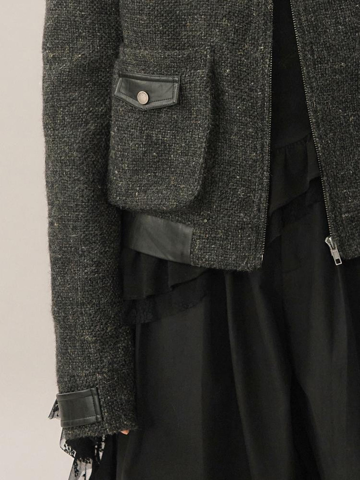 AnnoMundi Asymmetric Ruffle Wool Leather Trim Stand Collar Women&