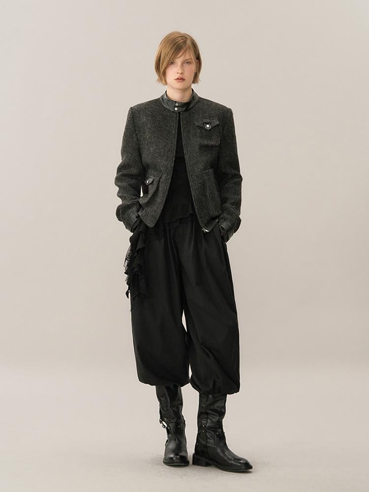 AnnoMundi Asymmetric Ruffle Wool Leather Trim Stand Collar Women&