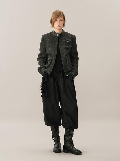 AnnoMundi Asymmetric Ruffle Wool Leather Trim Stand Collar Women&