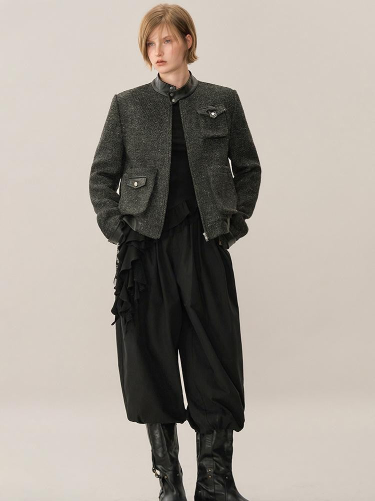 AnnoMundi Asymmetric Ruffle Wool Leather Trim Stand Collar Women&