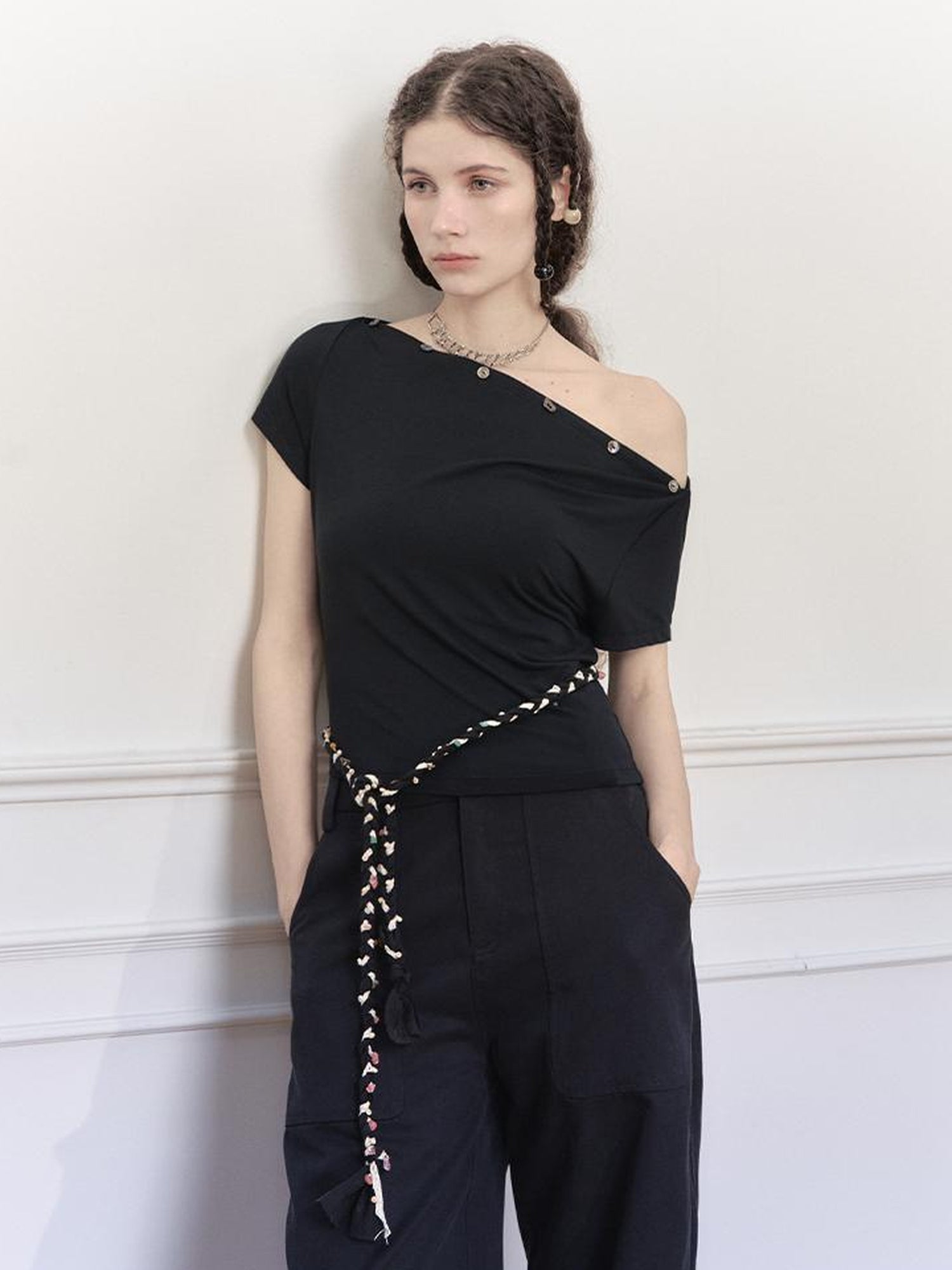 AnnoMundi Asymmetric Shoulder Modal Knit Top