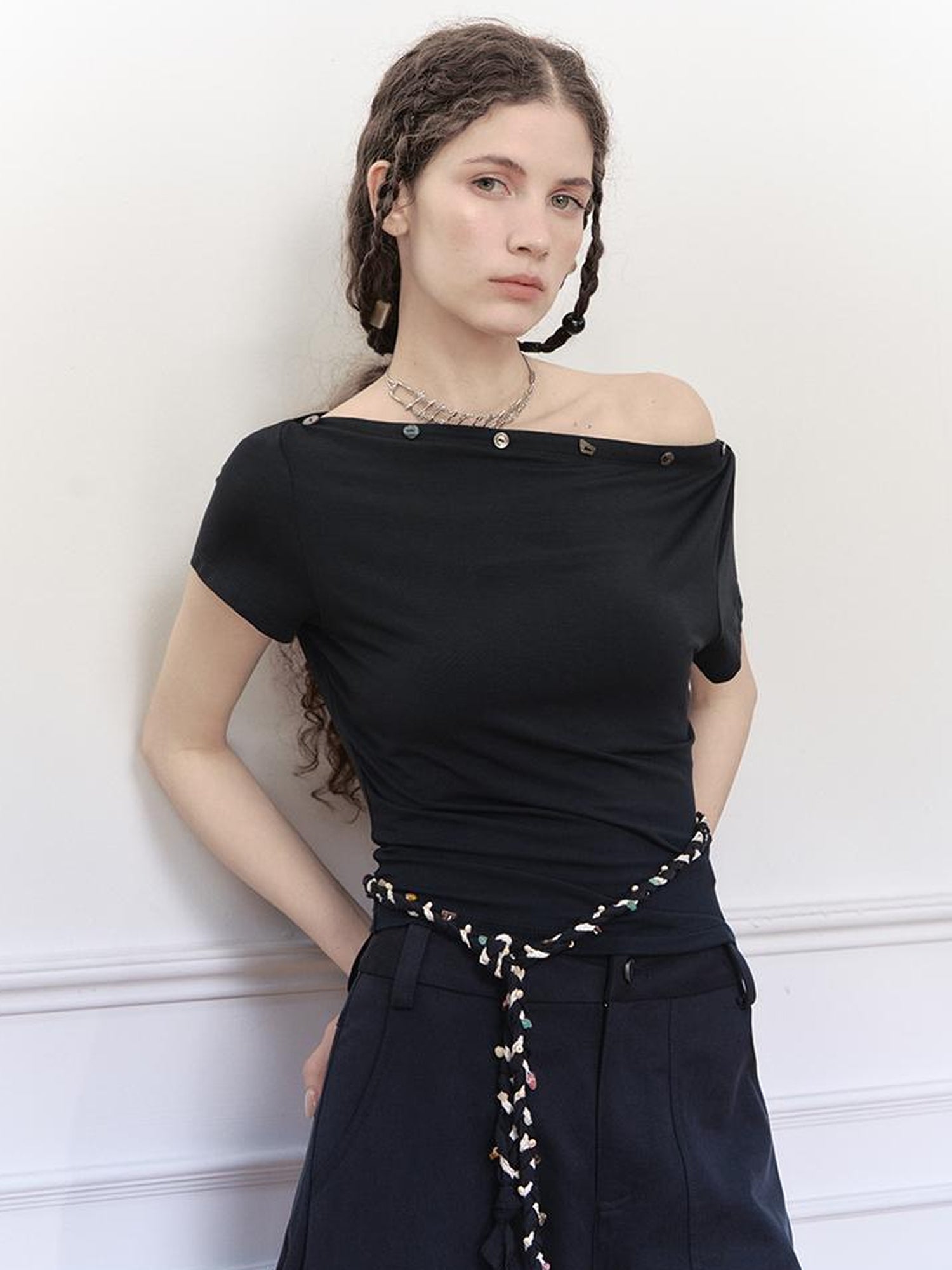AnnoMundi Asymmetric Shoulder Modal Knit Top