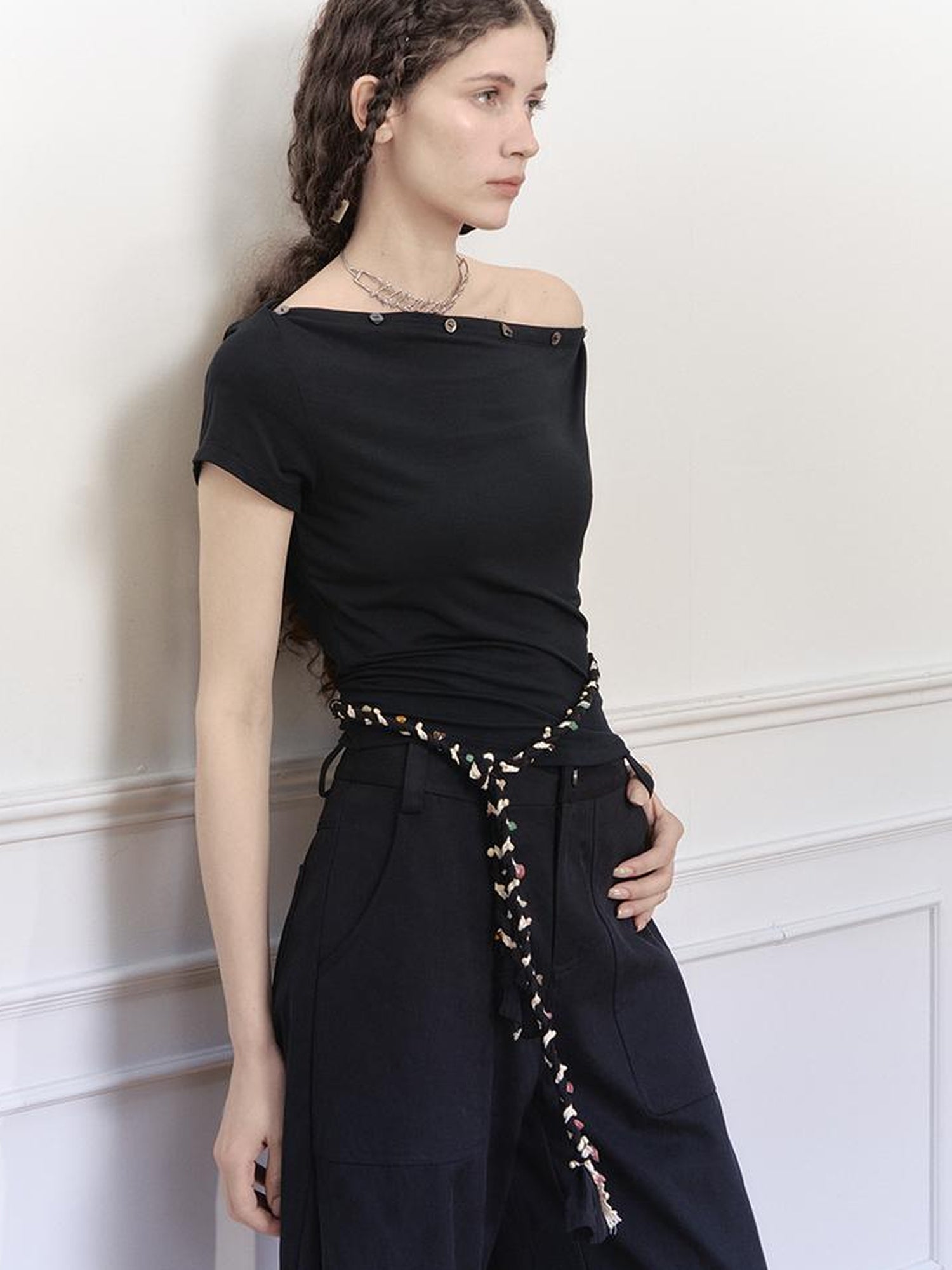 AnnoMundi Asymmetric Shoulder Modal Knit Top