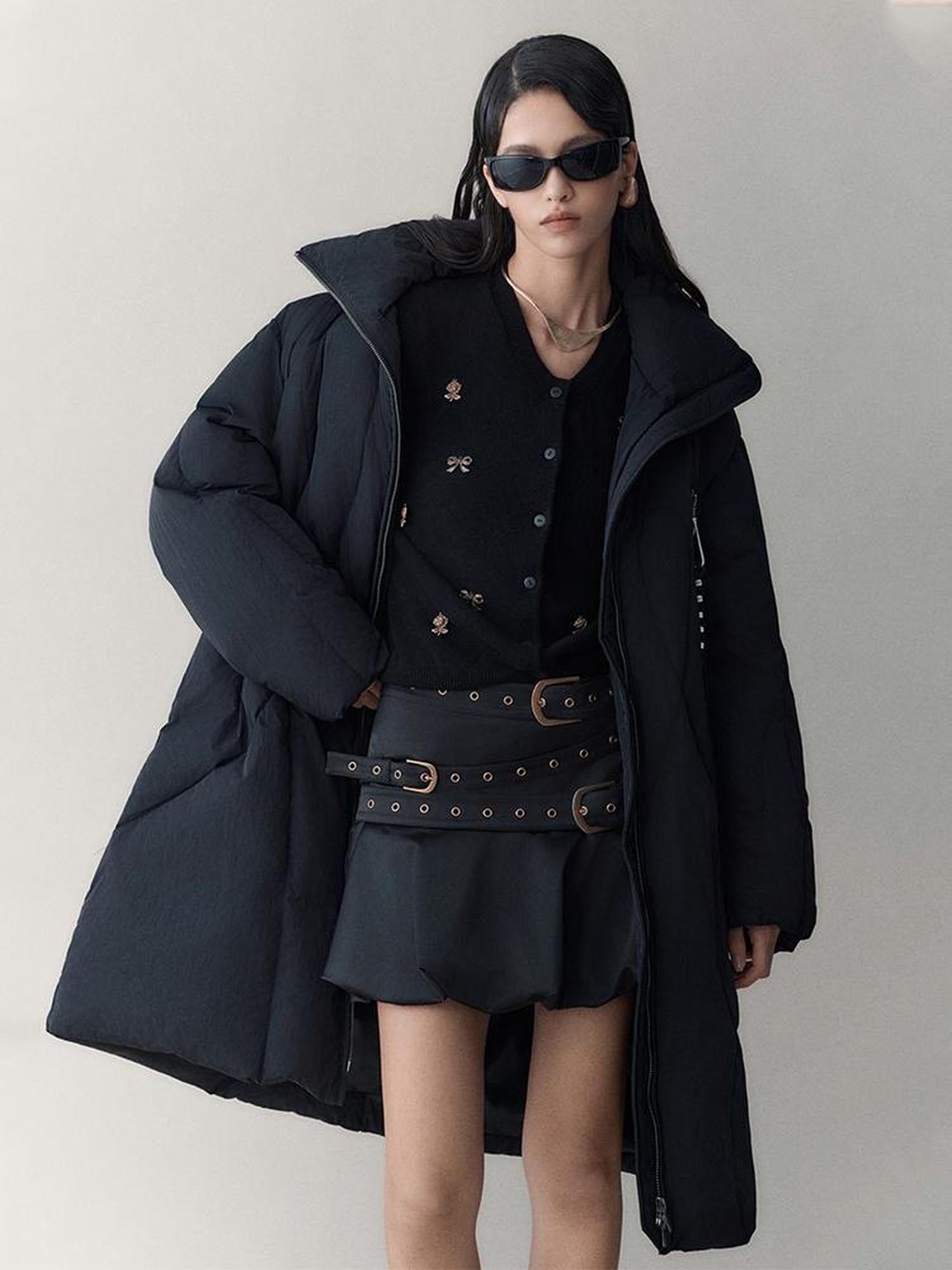 AnnoMundi Athflow Long Quilted Nylon Down Coat With Handcrafted Knot