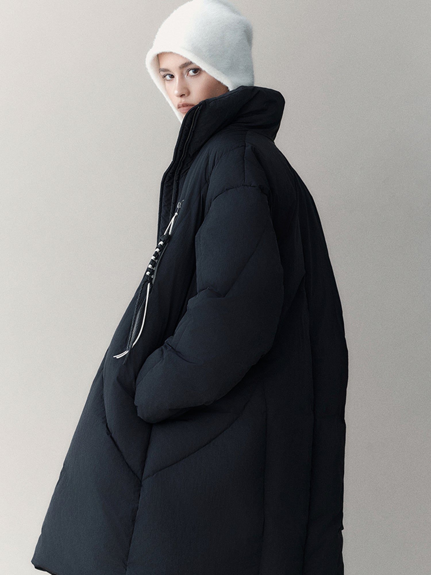 AnnoMundi Athflow Long Quilted Nylon Down Coat With Handcrafted Knot