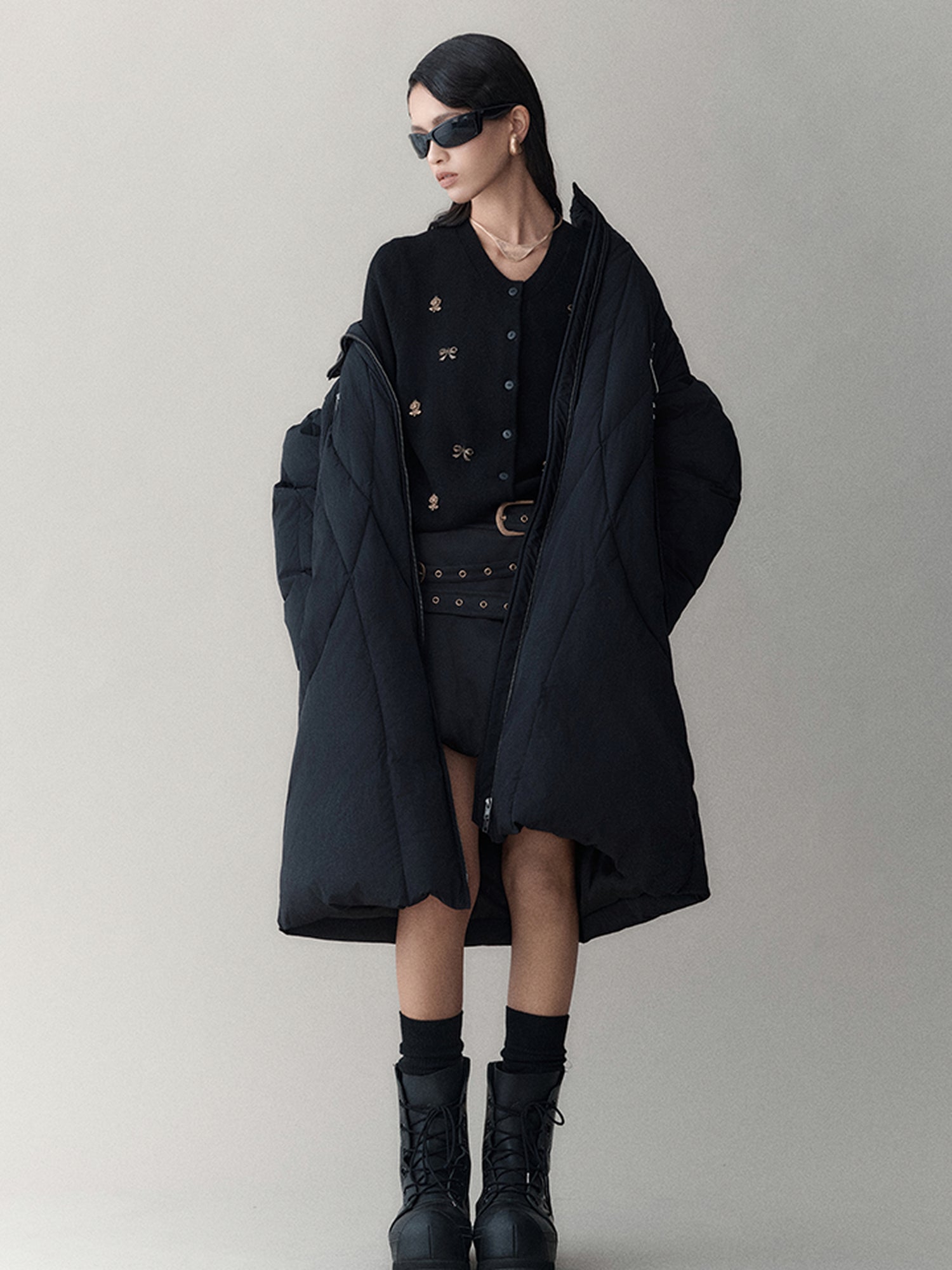 AnnoMundi Athflow Long Quilted Nylon Down Coat With Handcrafted Knot