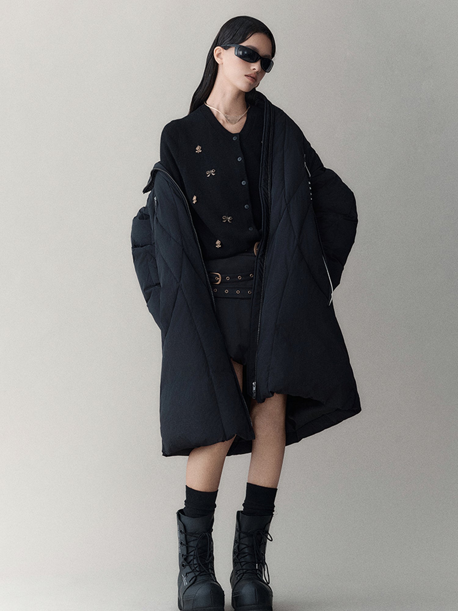 AnnoMundi Athflow Long Quilted Nylon Down Coat With Handcrafted Knot