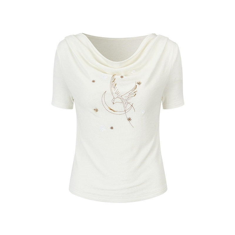 AnnoMundi_Beaded_Asymmetric_Neck_Loose_Women_Lyocell_Stretch_White_Short_Sleeve_T-Shirts_MISSTT