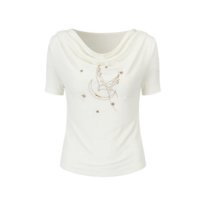 AnnoMundi_Beaded_Asymmetric_Neck_Loose_Women_Lyocell_Stretch_White_Short_Sleeve_T-Shirts_MISSTT