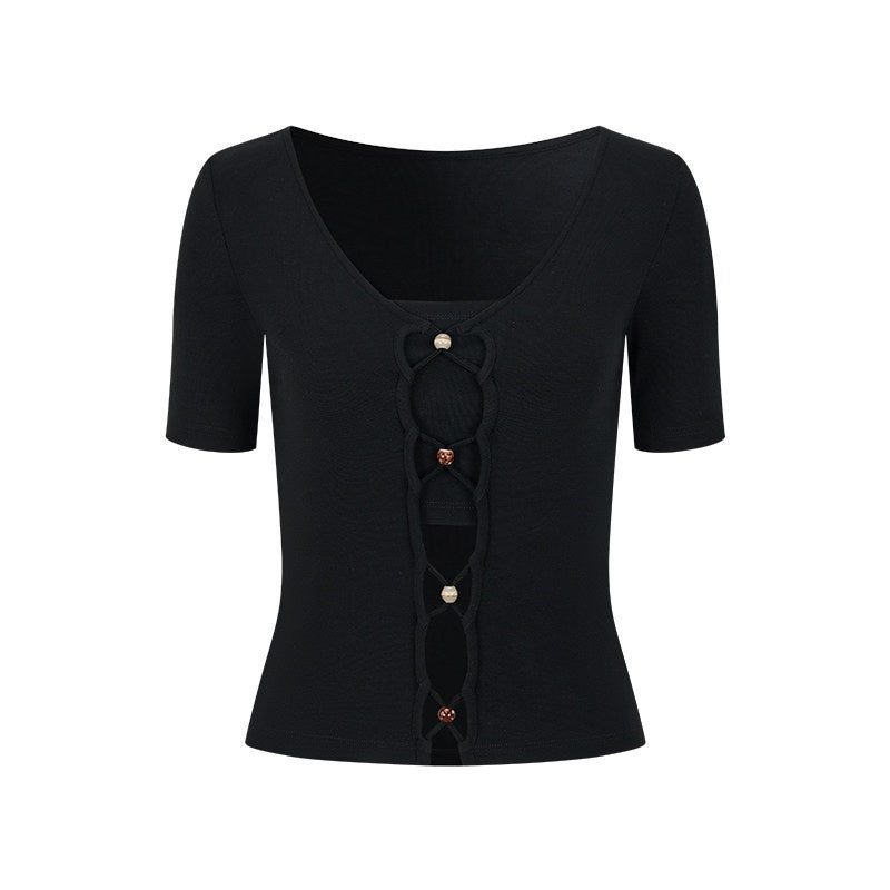 AnnoMundi T-shirts à manches courtes en viscose pour femmes, col en V, coupe ajustée avec lien en cordelette perlée