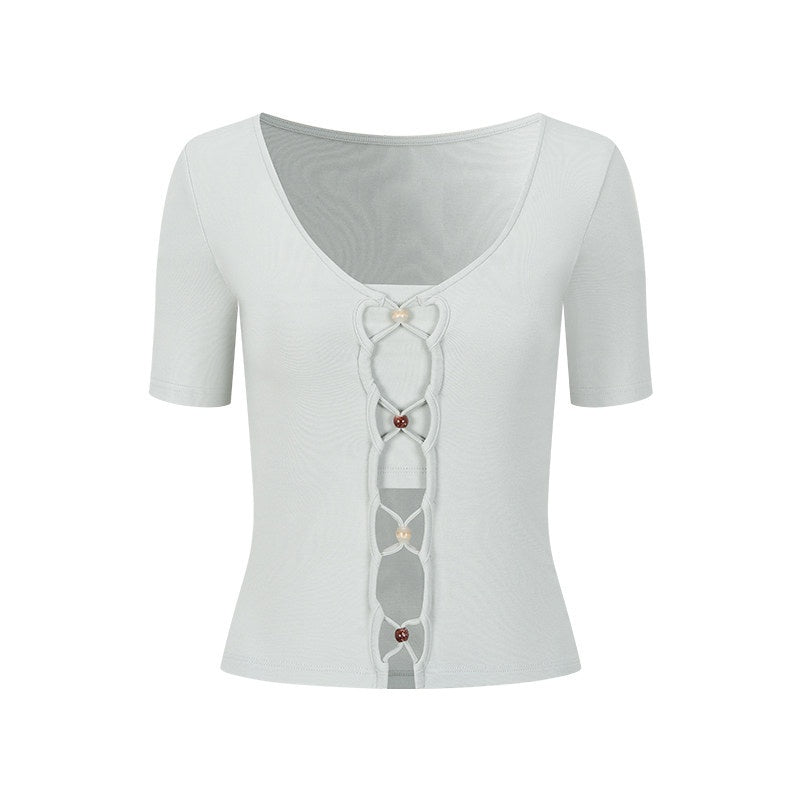 AnnoMundi T-shirts à manches courtes en viscose pour femmes, col en V, coupe ajustée avec lien en cordelette perlée