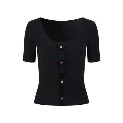AnnoMundi T-shirts à manches courtes en viscose pour femmes, col en V, coupe ajustée avec lien en cordelette perlée