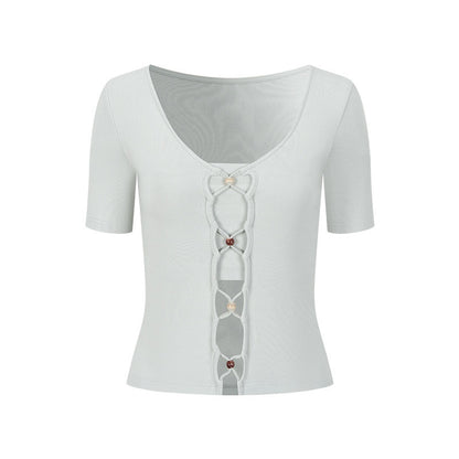 AnnoMundi T-shirts à manches courtes en viscose pour femmes, col en V, coupe ajustée avec lien en cordelette perlée