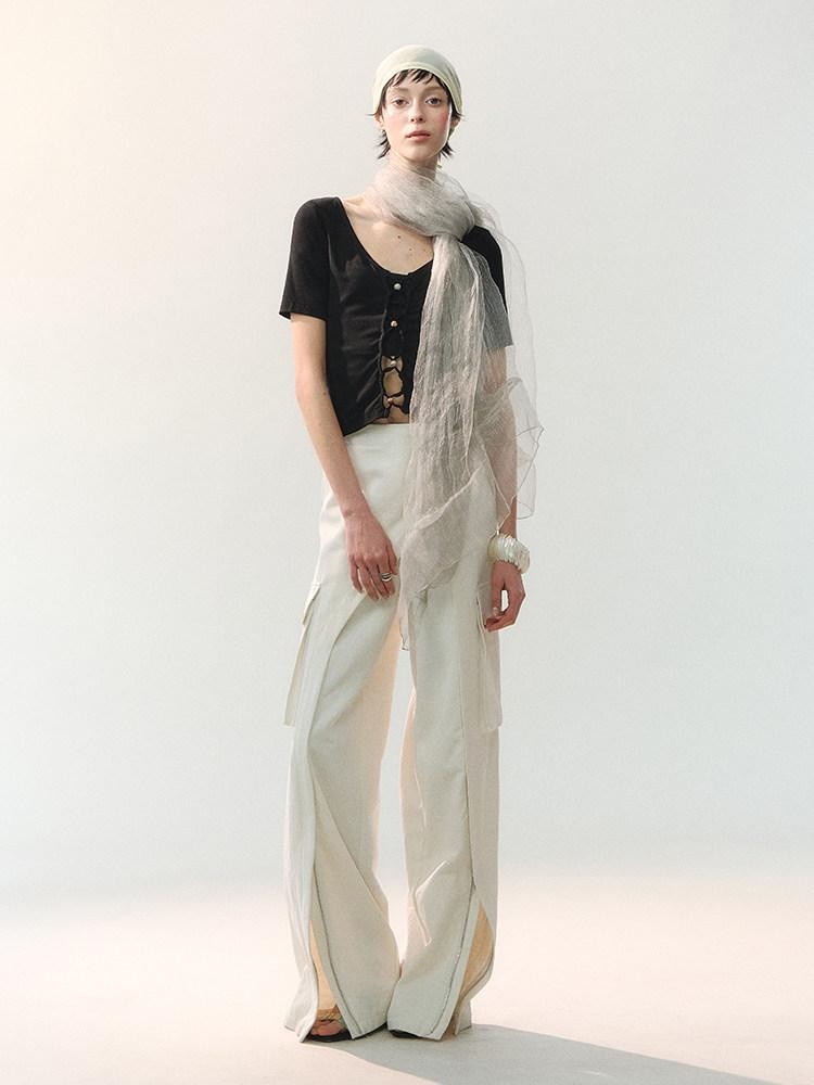 AnnoMundi T-shirts à manches courtes en viscose pour femmes, col en V, coupe ajustée avec lien en cordelette perlée