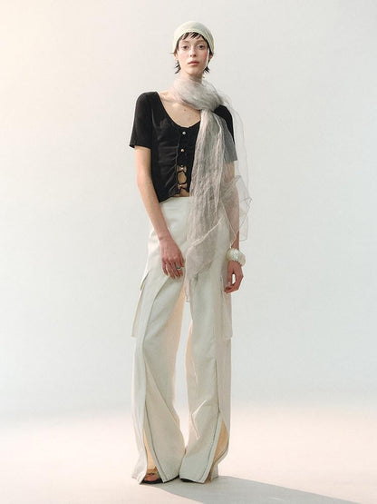AnnoMundi T-shirts à manches courtes en viscose pour femmes, col en V, coupe ajustée avec lien en cordelette perlée