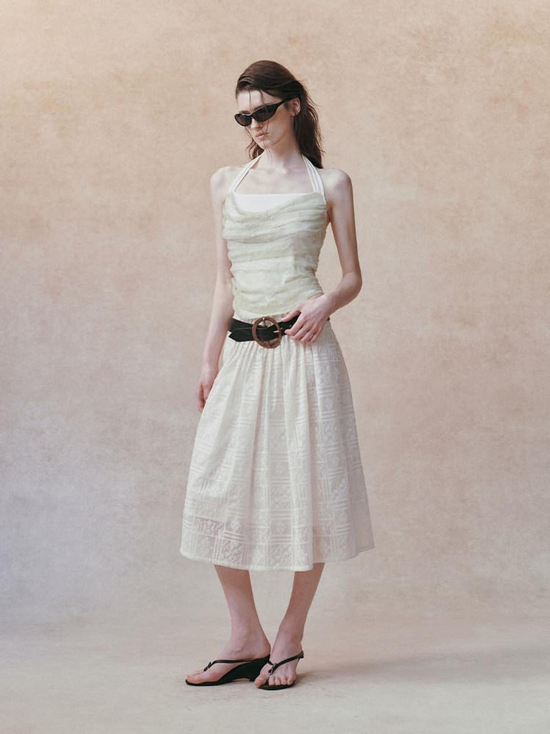 AnnoMundi Beige Layered Jacquard Lace Waist Cinching Bandeau Women&