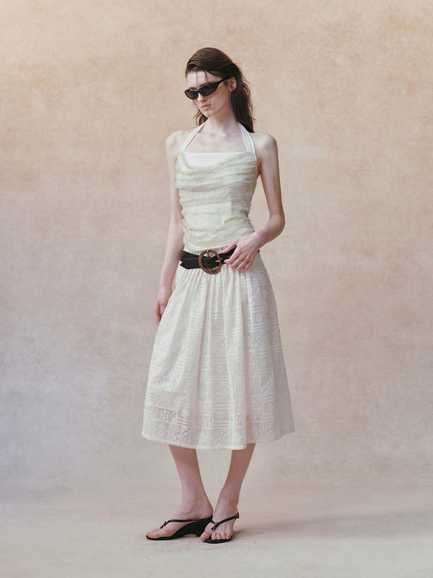 AnnoMundi Beige Layered Jacquard Lace Waist Cinching Bandeau Women&