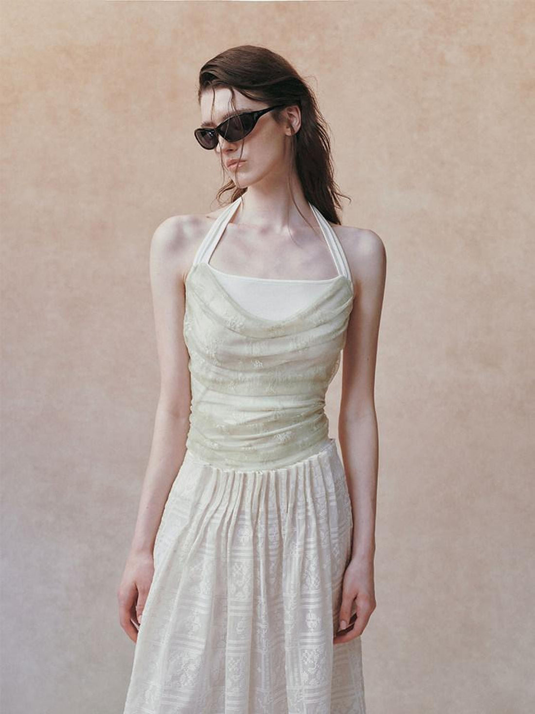 AnnoMundi Beige Layered Jacquard Lace Waist Cinching Bandeau Women&
