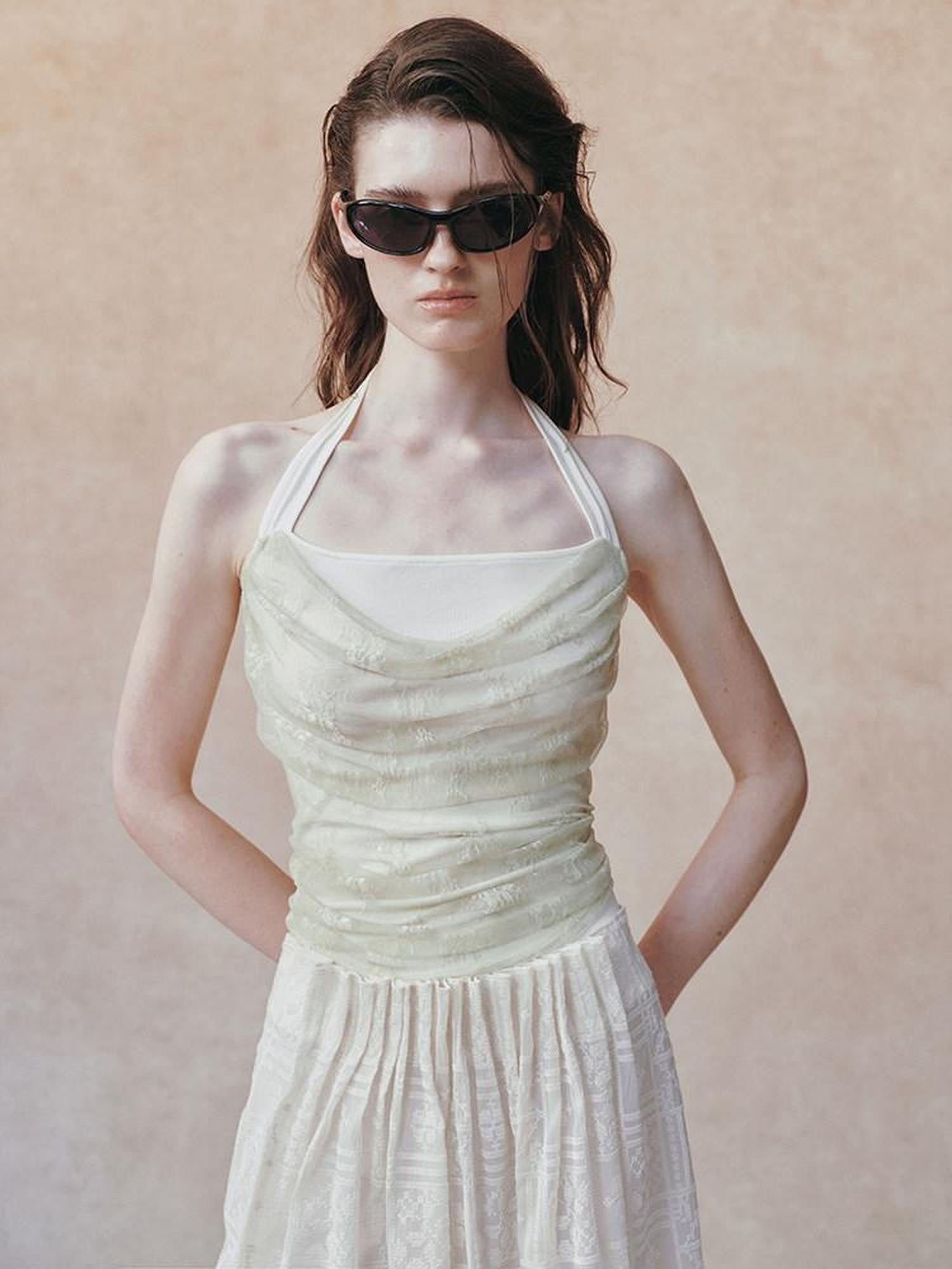 AnnoMundi Beige Layered Jacquard Lace Waist Cinching Bandeau Women&