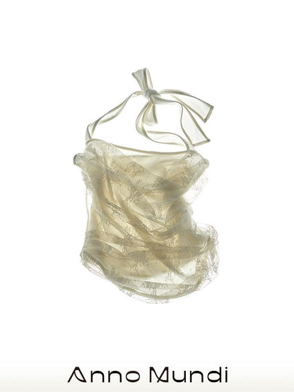 AnnoMundi Beige Layered Jacquard Lace Waist Cinching Bandeau Women&