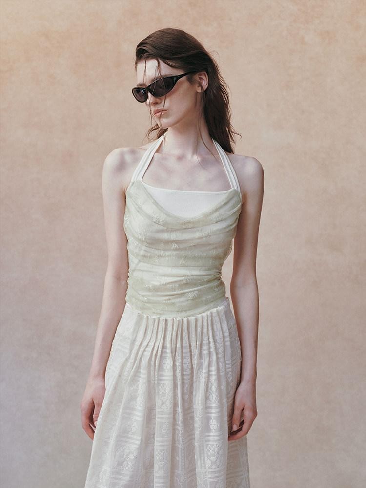 AnnoMundi Beige Layered Jacquard Lace Waist Cinching Bandeau Women&