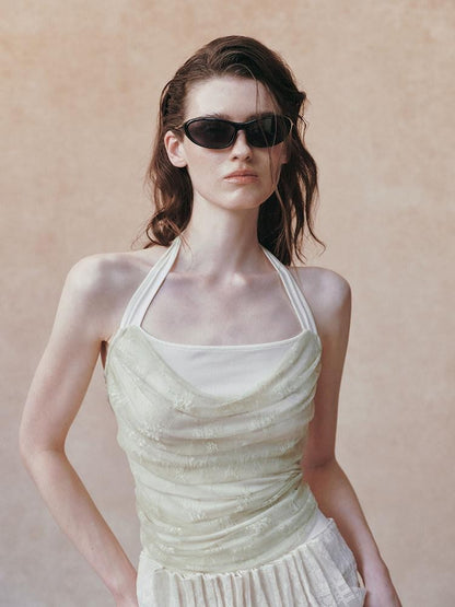 AnnoMundi Beige Layered Jacquard Lace Waist Cinching Bandeau Women&