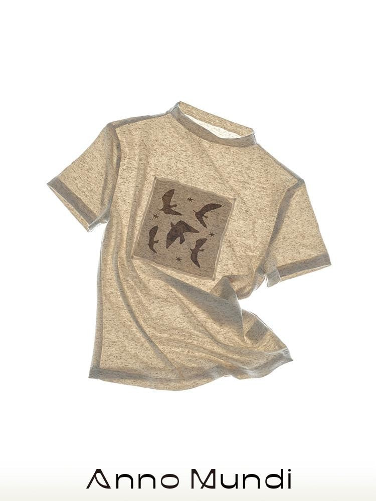 AnnoMundi Beige Linen Texture Bird Print Pocket Collar Women&