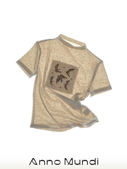 AnnoMundi Beige Linen Texture Bird Print Pocket Collar Women&