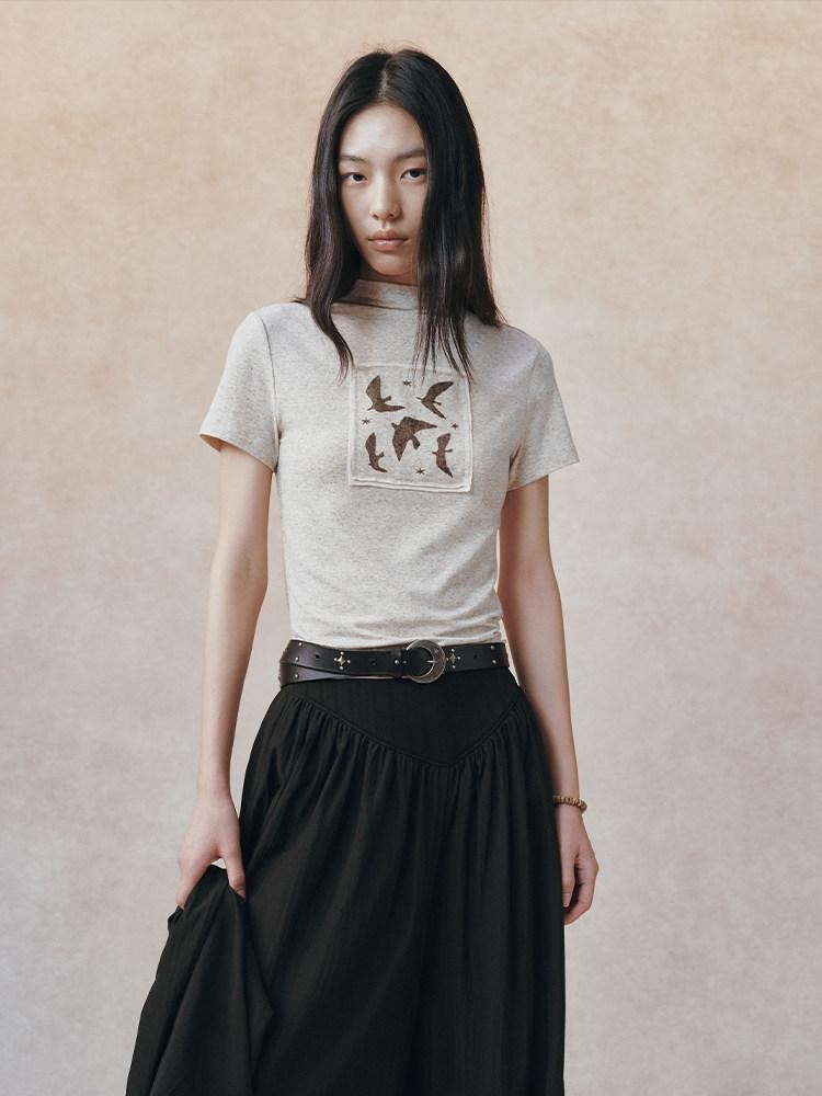 AnnoMundi Beige Linen Texture Bird Print Pocket Collar Women&