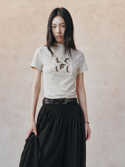 AnnoMundi Beige Linen Texture Bird Print Pocket Collar Women&