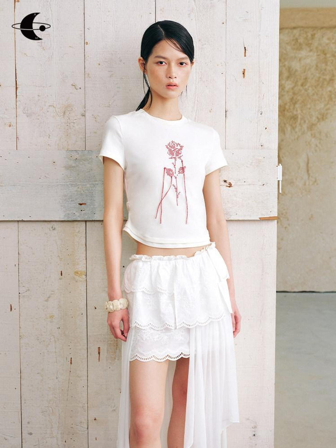 AnnoMundi Beige Tassel Rose Embroidery Pinched Waist Women&