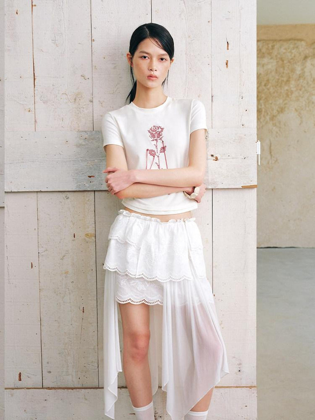 AnnoMundi Beige Tassel Rose Embroidery Pinched Waist Women&