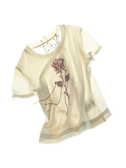 AnnoMundi T-shirts à manches courtes pour femmes en lyocell beige avec broderie rose et pompons, taille cintrée