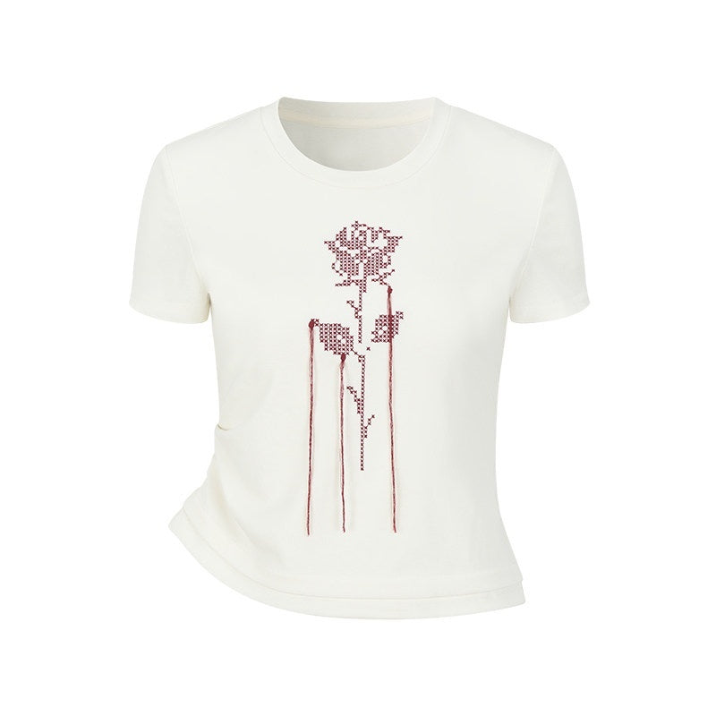 AnnoMundi T-shirts à manches courtes pour femmes en lyocell beige avec broderie rose et pompons, taille cintrée