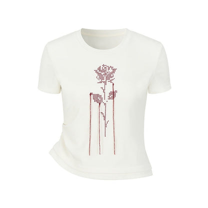AnnoMundi T-shirts à manches courtes pour femmes en lyocell beige avec broderie rose et pompons, taille cintrée