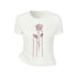 AnnoMundi T-shirts à manches courtes pour femmes en lyocell beige avec broderie rose et pompons, taille cintrée