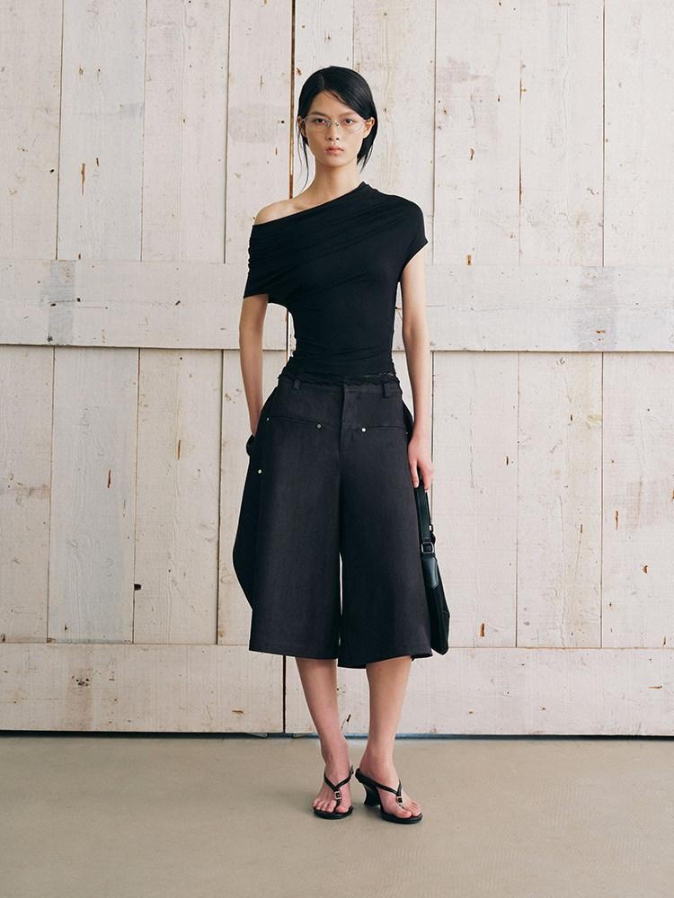 AnnoMundi Bermuda plissé asymétrique noir à double couche réversible pour femme