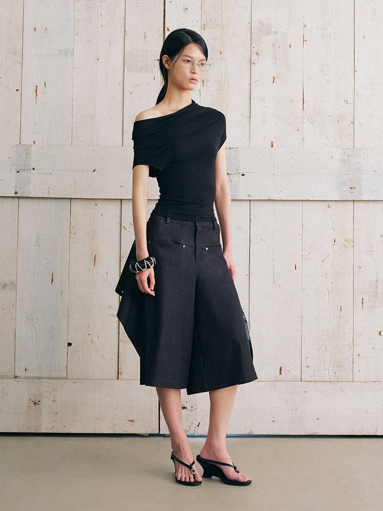 AnnoMundi Bermuda plissé asymétrique noir à double couche réversible pour femme