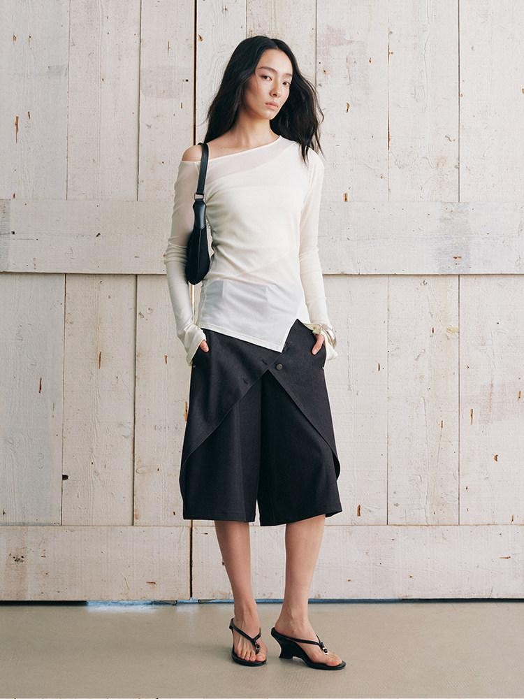 AnnoMundi Bermuda plissé asymétrique noir à double couche réversible pour femme
